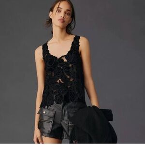 Anthropologie Black Floral Lace Cutout Top